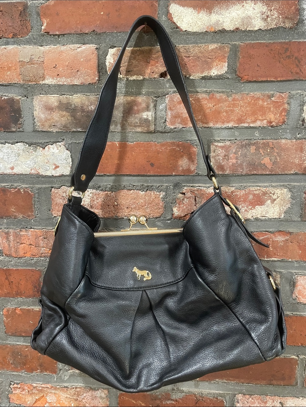 Emma Fox Black Leather Shoulder Bag with Gold Hardware